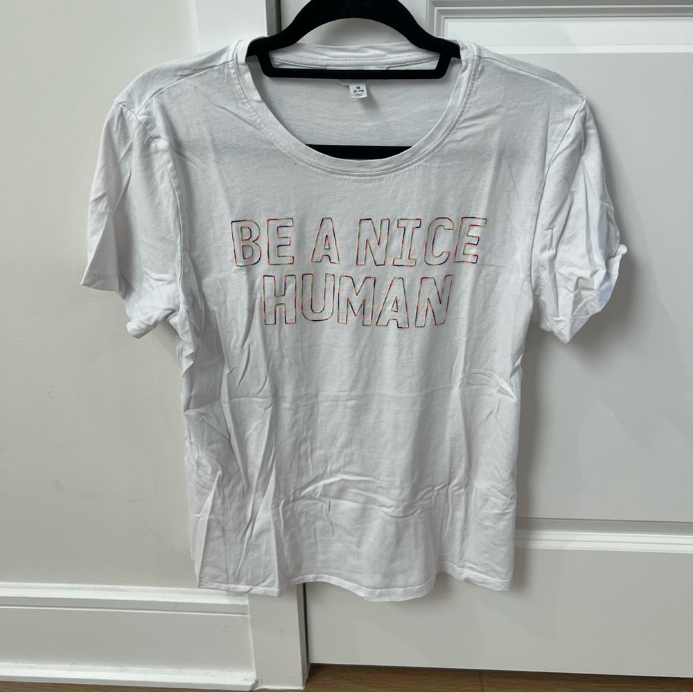 White Graphic T-Shirt with Positive Rainbow Message